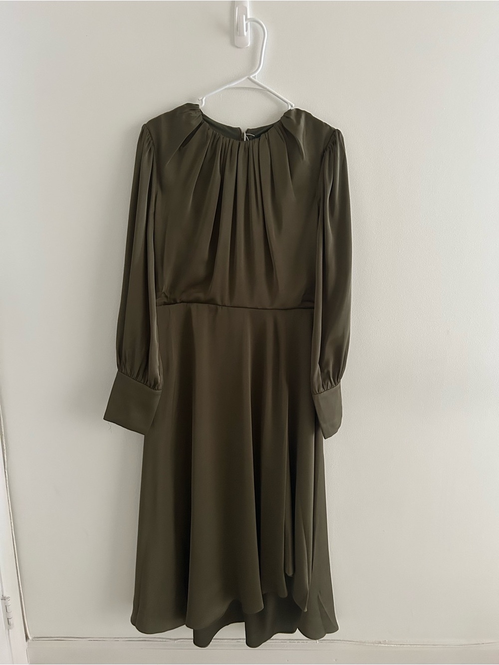 Long Sleeve Olive Midi Dress with Gathered Neckline